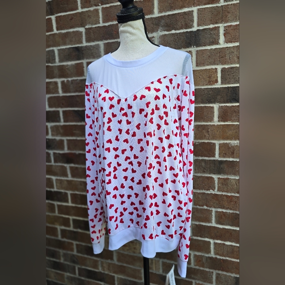 LuLaRoe Lizzy Blouse 2X NWT Red White Heart Print Mesh Top Long Sleeve